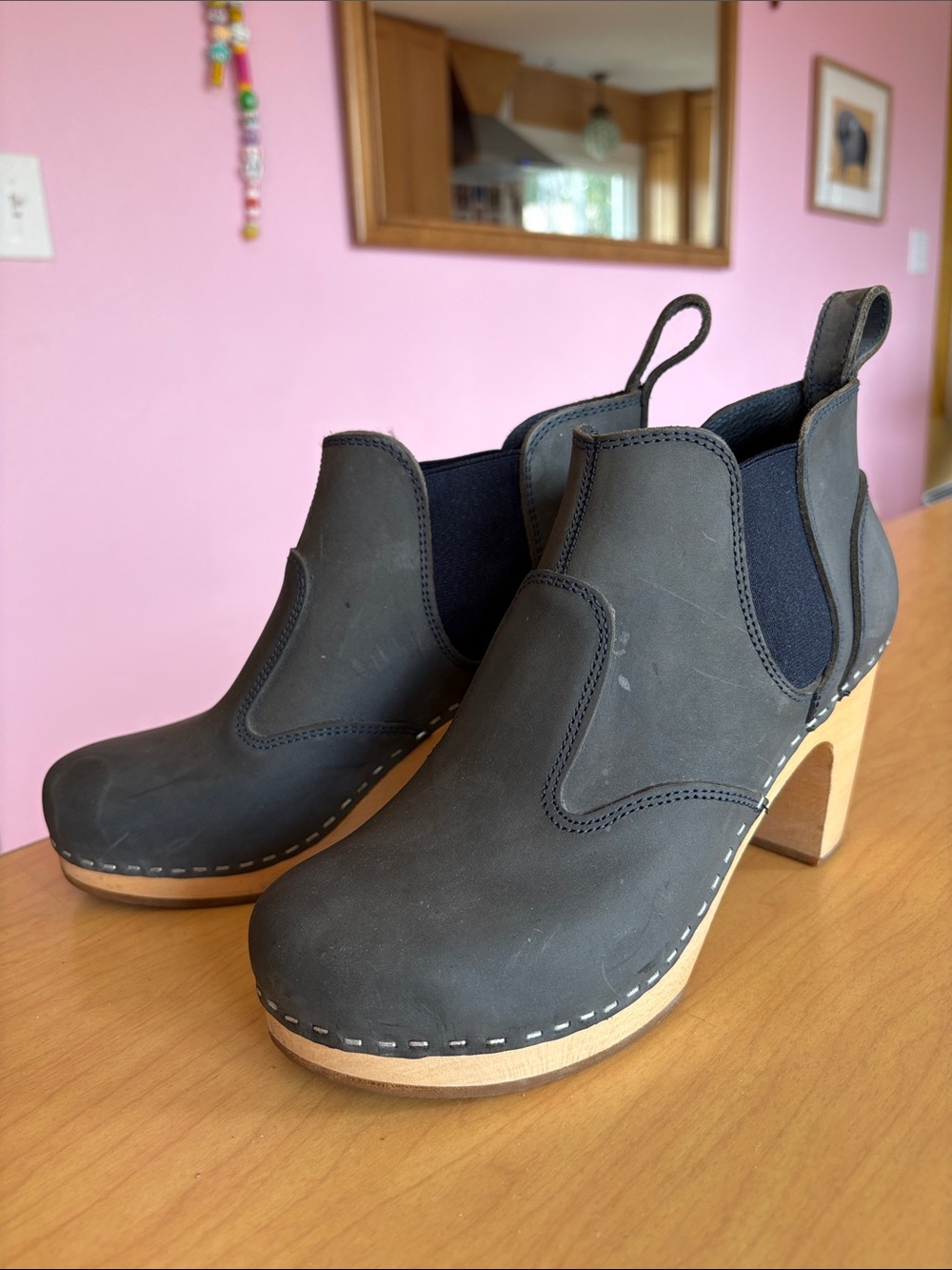 Swedish Hasbeens Blue Leather Booties Clogs sz 7.5 Wood Heel